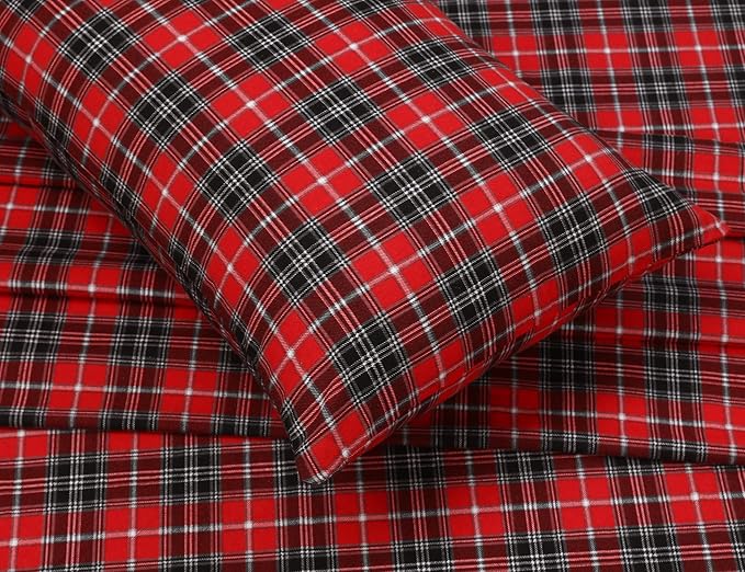 RUVANTI Flannel Sheets Queen Size - 100% Cotton Double Brushed Bed Sheets, Deep Pockets 16 Inches Queen Sheet Set, All Seasons Breathable & Extra Soft - Warm & Cozy, 4 Piece, Red Plaid