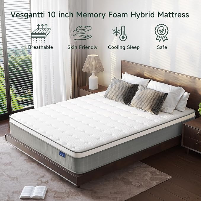 Vesgantti Full Size Mattress, 12 Inch Innerspring Hybrid Full Mattress in a Box, Pressure Relief Pocket Spring Double Bed Mattress with Memory Foam & Knitted Fabric, Medium Firm, CertiPUR-US