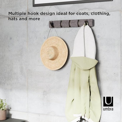 Umbra Flip Wall Mounted Floating Rack – Modern, Sleek, Space-Saving Coat Hanger with 5 Retractable, Driftwood/Nickel Hook