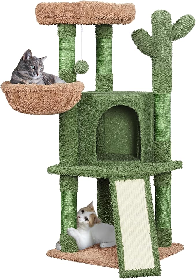 Yaheetech Cactus Cat Tree, 42in Cat Tower for Indoor Cats, Multi Level Kitten Condo Scratching Post, Cat Activity Center Pet Furniture w/Ball, Plush Perch, Platform, Basket-Mewly Pet