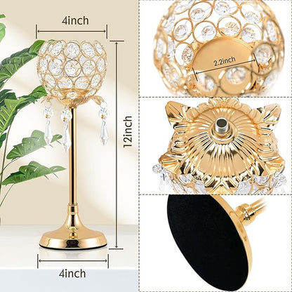 Crystal Tea Light Candlestick Holders Flower Shape with Crystal Pendant Bowl Votive Metal Candle Holder for Table Centerpieces Wedding Home Decor (Set of 2 high, Gold)