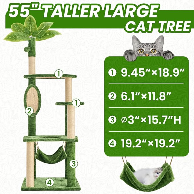 55 Inch Large Cat Tree Tower for Indoor Cats with Hammock Green Leaves Sisal Scratching Post, Plush Hang Ball Play Furniture for Kittens & Adult Cats,New Green-Mewly Pet