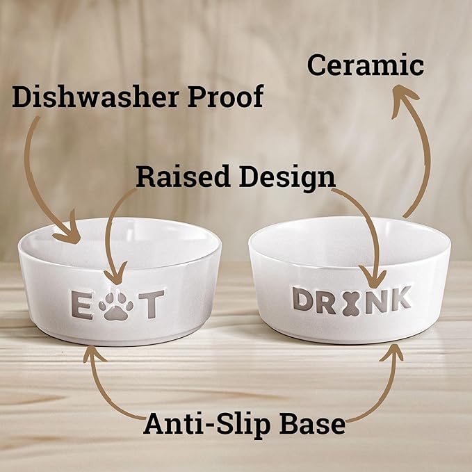 Ceramic Dog Bowl Set of 2 with Anti-Skid Base - 5" Wide x 2" Tall Ceramic Dog Bowls for Small Dogs - 2 Cup Capacity Food and Water Bowls for Dogs - Rubber Bottom Pet Bowl Set of 2 for Small Pets-Mewly Pet