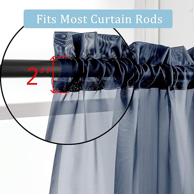OWENIE Sheer Curtains - Navy 45" Long, Light Filtering Tiers for Kitchen, Bedroom, Basement, Short Curtains Panels Rod Pocket, Cafe Curtains for Small Window, 42" W x 45" L