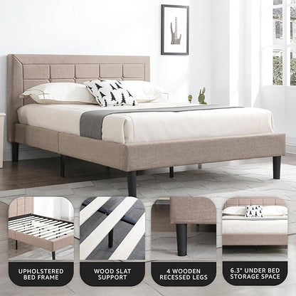 Decoro Mornington Upholstered 2.0 Platform Bed, Button-Tufted Fabric Headboard and Metal Frame with Wood Slat Support, Linen, Queen