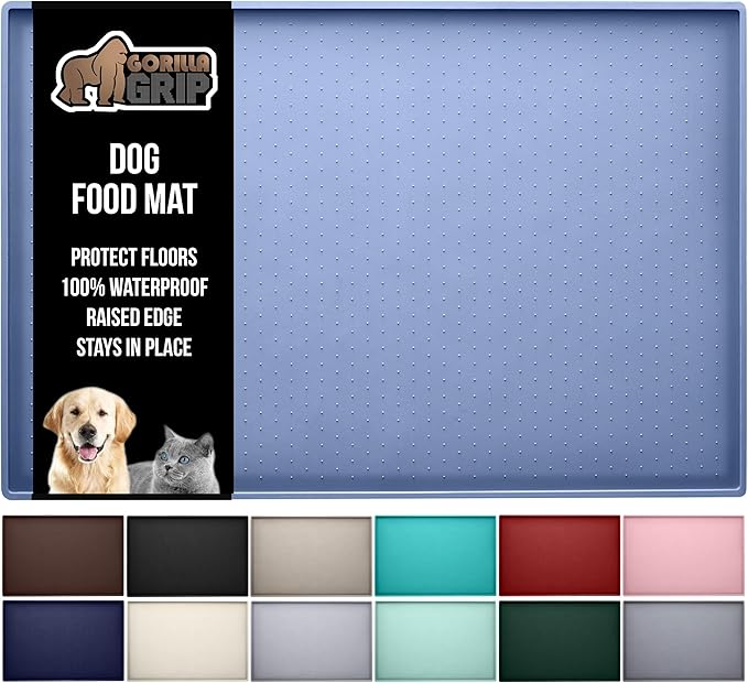 GORILLA GRIP 100% Waterproof Raised Edge BPA Free Silicone Pet Feeding Mat, Dog Cat Food Mats Contain Spills Protects Floors, Placemats for Cats and Dogs Water Bowl, Pets Accessories 16x10, Blue-Mewly Pet