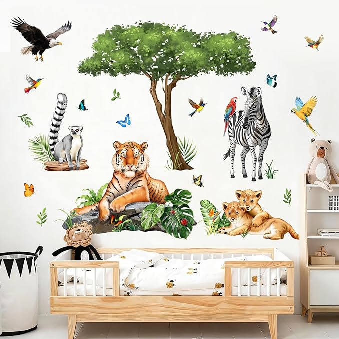 Jungle Safari Animal Wall Decals for Kids Room - Tiger Leopard Zebra Wildlife Wall Stickers Removable Vinyl Nursery Decor for Baby Toddlers Bedroom Classroom Playroom
