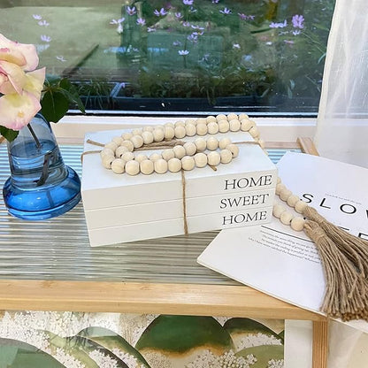Decorative Books for Home Decor, White Faux Books for Decoration, Rustic Farmhouse Stacked Display Books with 52in Wood Bead Garland for Coffee Tables Living Room, (Home Sweet Home)