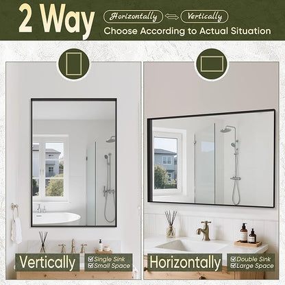 Suidia Bathroom Mirror, 30" x 30" Rectangular Wall Mirror, Metal Framed Wall Decor Wall-Mounted Mirrors for Bathroom, Bedroom, Living Room, Entryway, Black