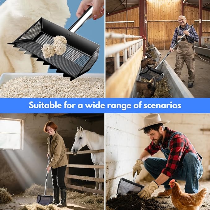 Chicken Poop Scooper & Rake 2-in-1, 304 Stainless Steel Shovel Head, Chicken Litter Scoop with Handle for Chicken Coop & Pet Waste Cleaning, Litter Sifting Shovel (35 to 65") US Patent Pending (Black)-Mewly Pet