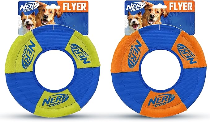 Nerf Dog Trackshot Toss and Tug Ring Outdoor Dog Toy 2 Pack, 9 Inch Dog Tug and Fetch Toy, for Medium and Large Breeds, Blue/Orange/Green-Mewly Pet