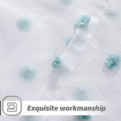 MYSKY HOME 108 Inch Long Large Pom Pom Sheer Curtains for Living Room - Aqua White, Light Filtering, Rod Pocket Window Panels - 38 x 108 inch, 2 Pieces