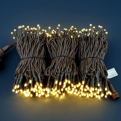 YULETIME 100 ft 300 Count Warm White LED String Lights with 8 Models Adapter, Brown Wire Wide Angle 5mm Christmas Lights (Warm White - Brown Wire)