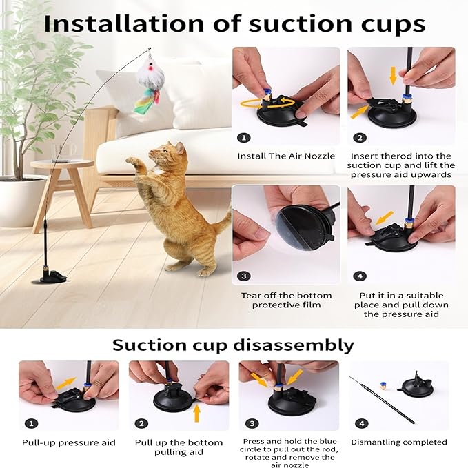 4-in-1 Interactive Cat Feather Toys with Durable Retractable Fishing Pole, Enhanced Suction Cup Toy, Door Hanging Teaser Toy and 11 Attachments Replacements for Bored Indoor Adult Cats-Mewly Pet