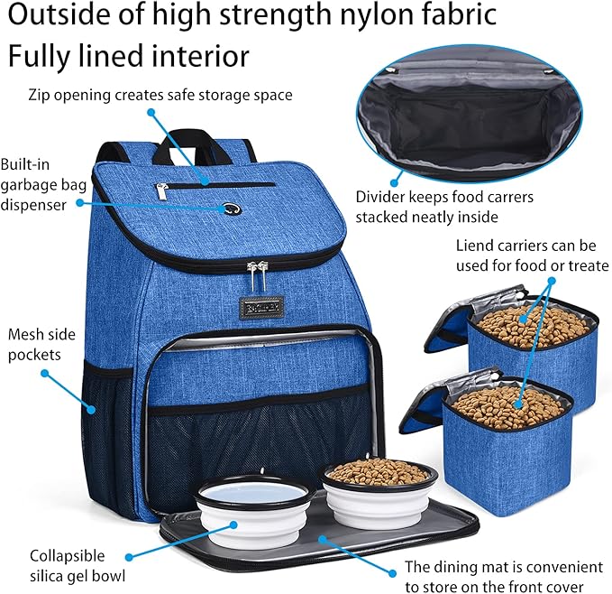 BAGLHER丨Dog Travel Bag, Airline Approved Pet Supplies Backpack, Dog Travel Backpack with 2 Silicone Collapsible Bowls and 2 Food Baskets-Mewly Pet