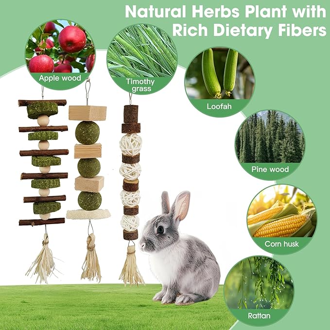 WDEFUN 3 PCS Bunny Chew Toys, Natural Hanging Rabbit Chew Toy Treats for Guinea Pigs Hamsters Gerbils Chinchilla and Other Small Pets for Teeth Grinding-Mewly Pet