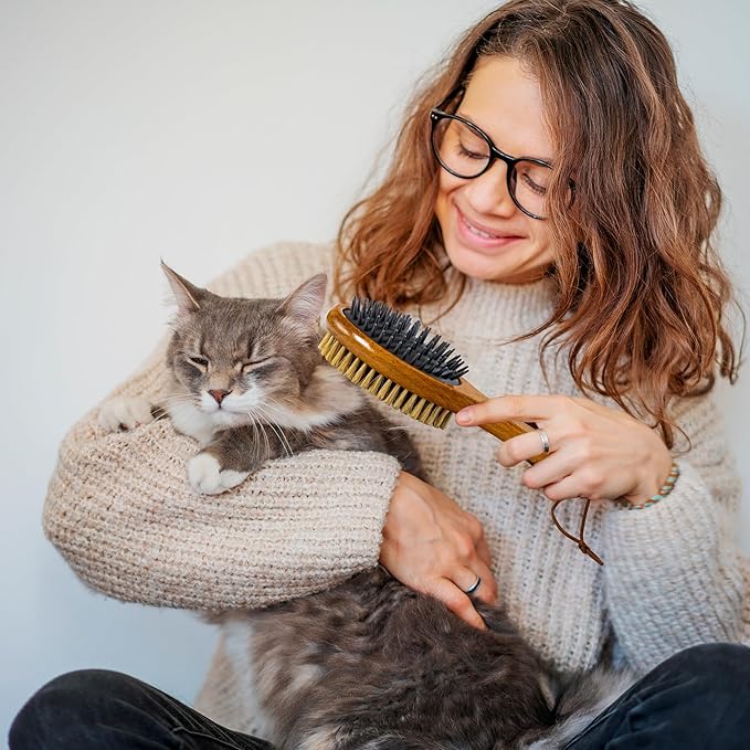 TAKAVU Short Hair Dog & Cat Deshedding Brush - Double Sided Grooming Tool with Silicone Massage & Bristle Sides - Removes Loose Fur & Dirt - Wood Handle-Mewly Pet