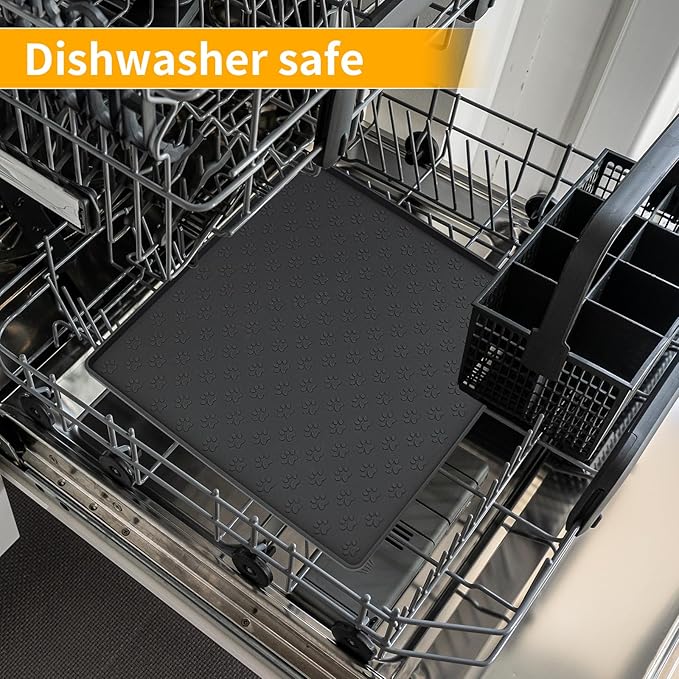 Ptlom Pet Placemat for Dog and Cat, Waterproof Non-Slip Silicone Feeding Bowl Mat Prevent Food and Water Overflow, Puppy Dish Feeder Fountain Trays Suitable for Medium and Small Pets, Black-Mewly Pet