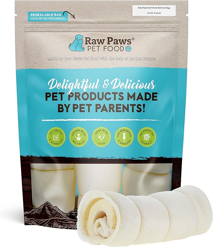 Raw Paws Beef Cheek Rolls for Dogs - 6 inch (4 Pack) - Packed in USA - Free-Range, Rawhide Alternative Dog Chews - Retriever Rolls for Small to Large Breeds-Mewly Pet