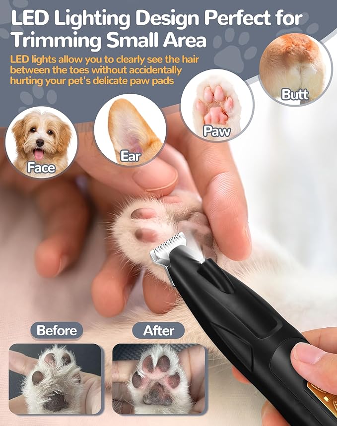 LEYOUFU Dog Clippers for Grooming, 2 Speed Dog Paw Trimmer with LED Light, Rechargeable Low Noise Pet Shaver for Trimming Dogs Cats Hair Around Paws, Eyes, Ears, Face, Rump (Black)-Mewly Pet