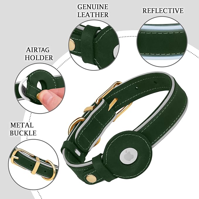 OOPSDOGGY Reflective Geniune Leather Airtag Dog Collar Soft Padded Collars for Small Medium Large Breed Dogs Puppy, 4 Sizes, 7 Colors (Green, Large, 15"-19")-Mewly Pet