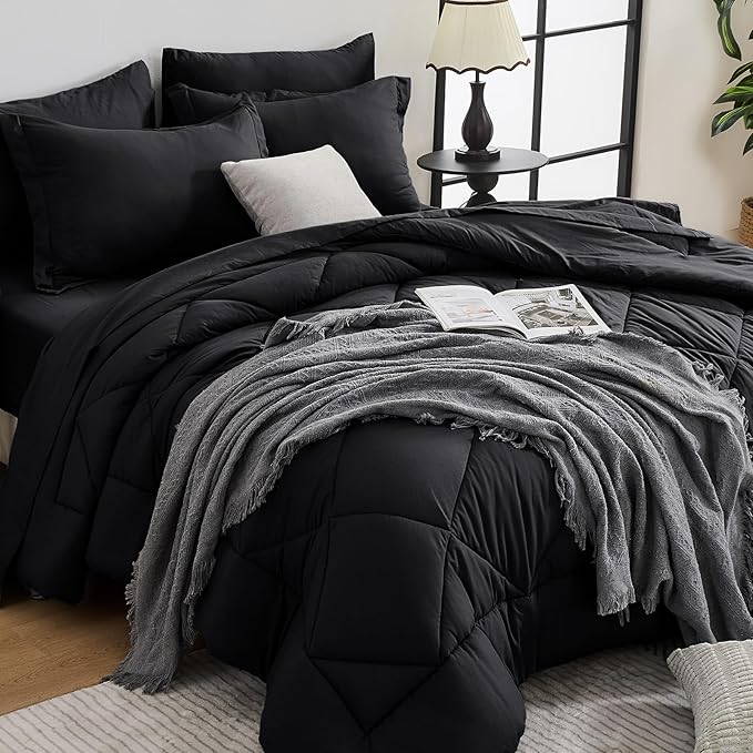 HEVUMYI Black 120x98 Oversized King Comforter Set - 7-Piece All Season Bed in a Bag Oversized King, Ultra Soft Bedding Set with 120 x 98 Comforter, Flat Sheet, Fitted Sheet, Pillowcases, Pillow Shams