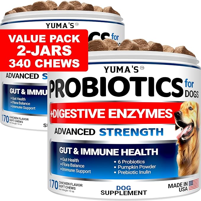 YUMA'S 2 Pack Probiotics for Dogs and Digestive Enzymes - Dog Probiotics Chews - Dog Probiotic - Anti Diarrhea, Upset Stomach & Gas Relief, Constipation, Canine Prebiotic - Pet Fiber Supplement-Mewly Pet