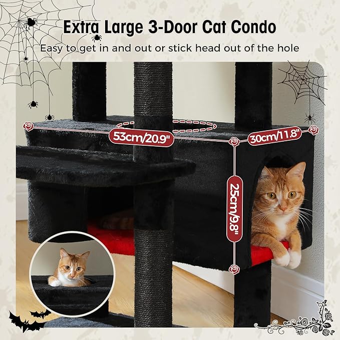 PAWZ Road Large Cat Tree, 72 Inches Gothic Cat Tower for Large Cats, Cat Condo with Sisal-Covered Scratching Posts and Pads, 2 Padded Perch, Dual Condo and Basket for Indoor Cats-Black-Mewly Pet