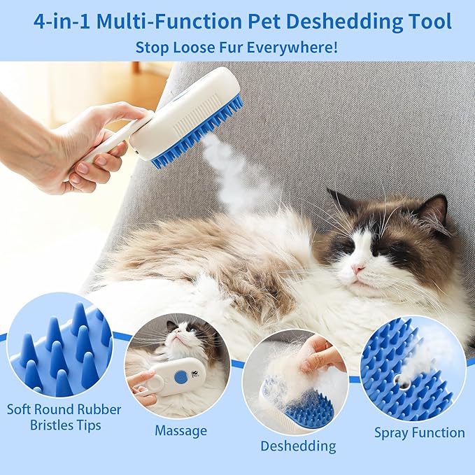 Cat Steam Brush for Shedding,4 in 1 Grooming Brush for Cats and Dogs,Deshedding,Massage,Cleaning & Anti-Static All In One,Suitable for Long & Short Haired Pets,Includes Waterless Shampoo,Blue-Mewly Pet