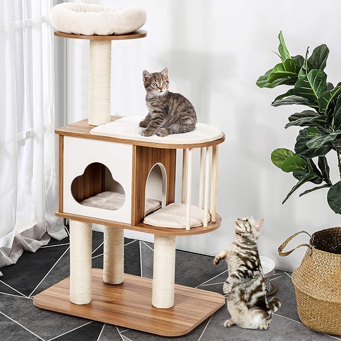Tangkula Modern Wood Cat Tree, 46 Inches Cat Tower with Platform, Cat Activity Center with Scratching Posts and Washable Cushions, Wooden Cat Condo Furniture for Kittens and Cats (Natural)-Mewly Pet