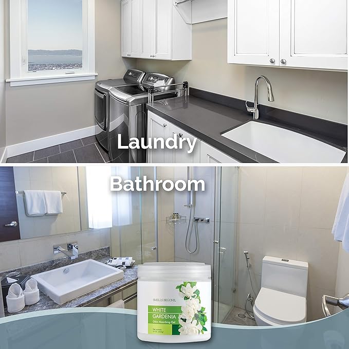 SMELLS BEGONE Air Freshener Odor Absorber Gel - 15 oz, Pack of 2 - Absorbs and Eliminates Odor in Pet Areas, Bathrooms, Cars, & Boats - Made with Essential Oils - White Gardenia Scent-Mewly Pet