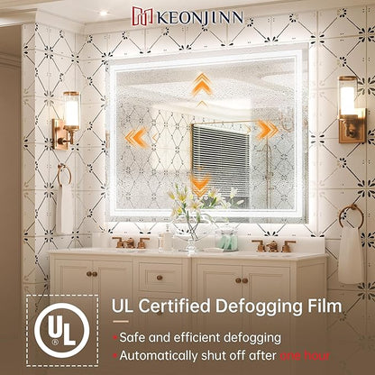 Keonjinn LED Bathroom Mirror 48 x 36 in with Backlit and Front Lights, Stepless 3 Colors Temperature & Dimmable Wall Mirror, UL Listed LED Driver, Tempered Glass Double Lighted Bathroom Vanity Mirror