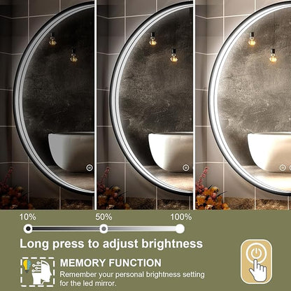 36 Inch LED Round Mirror for Bathroom, Black Metal Framed LED Bathroom Mirror with Lights, 3 Colors and Stepless Dimmable Wall Mounted Lighted Bathroom Vanity Mirror, Anti-Fog, Memory