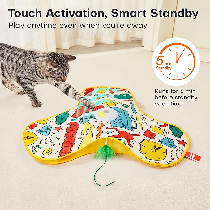 Potaroma Interactive Cat Feather Toys, Hide and Seek Concealed Moving Feather Wand, Rechargeable Touch Activated Indoor Kitten Exercise Kicker, Mouse Squeaky, Graffiti Cover-Mewly Pet