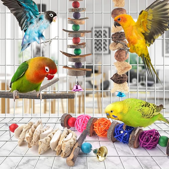 Bissap Bird Chew Toys, 5 Packs Parakeet Natural Wood Toys Parrot Hanging Cage Toy Bird Perch Stand for Small Bird Conure Cockatiel Parrotlet Lovebird Budgie-Mewly Pet
