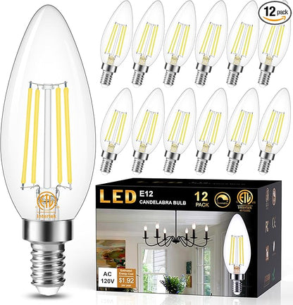 Cotanic Dimmable E12 LED Candelabra Bulb 4000K Daylight, Ceiling Fan Light Bulbs Small Base,60W Equivalent,Type B Bulb for Chandelier,Vintage B11 LED Candle Shape with Clear Glass,600LM,12 Pack