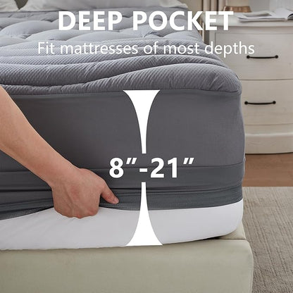 King Size Mattress Pad Waterproof, Cooling Mattress Topper Noiseless, Leak Proof Mattress Protector Deep Pocket Washable, Quilted Fitted Soft King Mattress Pad Cover (78x80 inch, Grey)