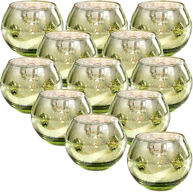 LAMORGIFT 12 PCS Green Votive Candle Holders- Mercury Glass Candle Holders for Sage Green Wedding Decor, Green Tea Light Candle Holders for Vintage Wedding, Engagement, Rehearsal Dinner Table Decor