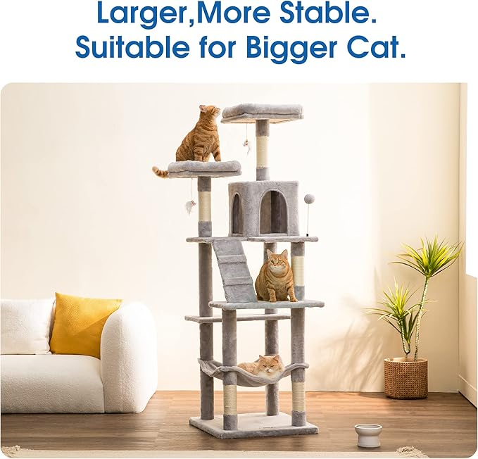 MWPO 70.1-Inch Large Cat Tree, Multi-Level Tall Cat Tower for Indoor Cats, Plush Cat Condo with Big Padded Perches, Sisal-Covered Scratching Posts, Hammock, Toys for Kittens & Cats - Light Grey-Mewly Pet