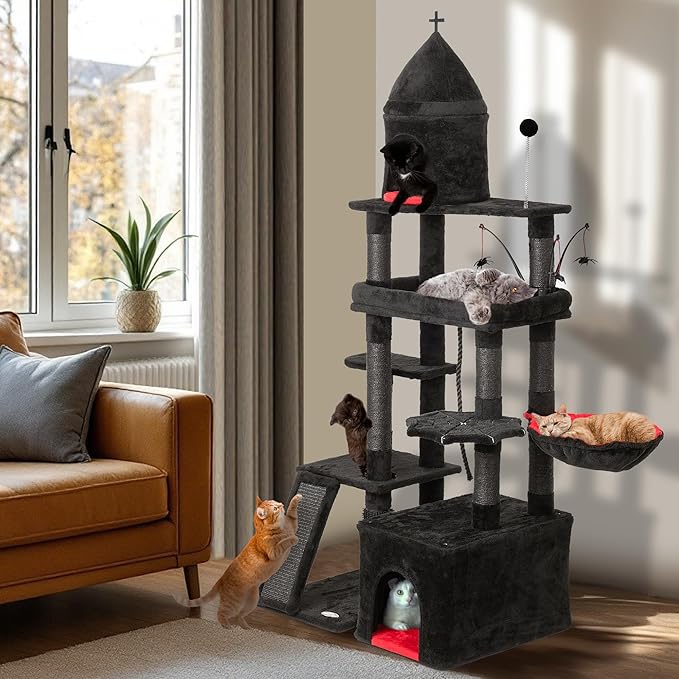 Large Cat Tree Tower for Large Cats, Cat Scratching Post, Self Grooming Post, Interactive Cat Toys, Oversized Perch and Basket, Heavy Duty 72", Black and Red-Mewly Pet