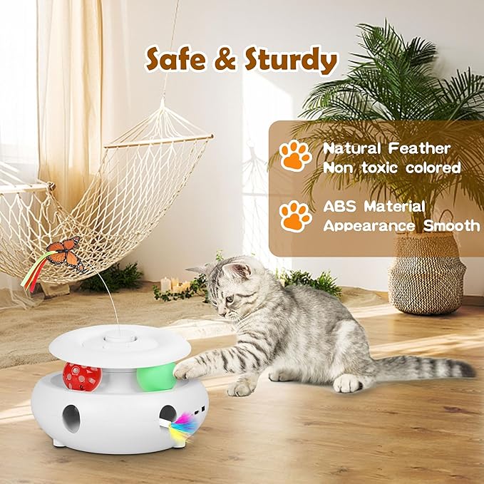 Cat Toys,3-in-1 Interactive Cat Toys for Indoor Cats,Rechargeable Automatic Interactive Cat Toy with Fluttering Butterfly,Smart Sensor 6 Holes Mice Whack-A-Mole and Track Balls, White-Mewly Pet