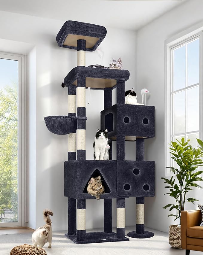 Globlazer Extra Large Cat Tower, 81-inch Tall Cat Tree for Big Cats 20 lbs, XXL Heavy Duty Cat Scratching Tower for Indoor Adult Cats with 3 Cat Condos, 8 Scratching Posts, F81, Dark Grey-Mewly Pet