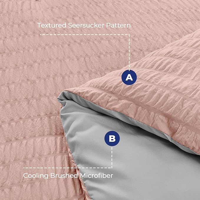 HYMOKEGE Rose Gold/Light Grey Full Size Comforter Sets Seersucker 7 Pieces, All Season Luxury Bed in a Bag for Bedroom, Bedding Set with Comforter, Sheets, Pillowcases & Shams