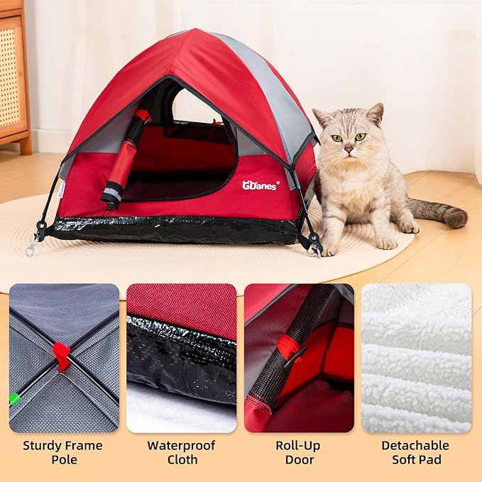 GDanes Cat House Portable Indoor/Outdoor Red Cat Tent for Cats and Small Dogs with Soft Pad-Mewly Pet