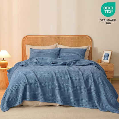 PHF 100% Cotton Waffle Weave Blanket Twin Size for Bed, Soft Lightweight & Breathable, All-Season Comfort, Luxury Aesthetic Woven Bedding for Home Decor, 66"x90", Denim Blue