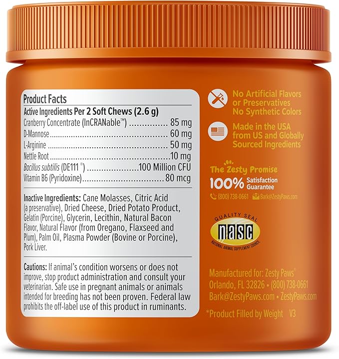 Zesty Paws Cranberry Urinary Tract Bites for Cats - Kidney & Urinary Tract Health - Soft Chews with D-Mannose, Vitamin B6 & L-Arginine - Immune & Gut Support - Bacon - 60 Count-Mewly Pet