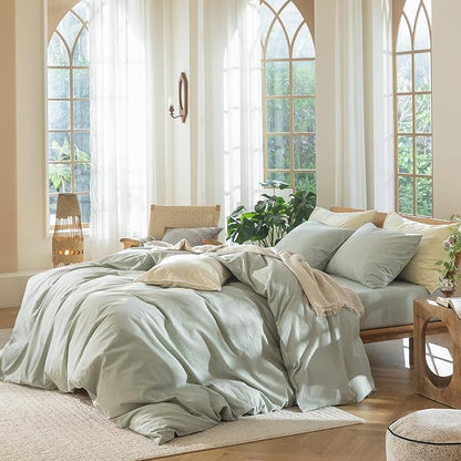 MooMee Bedding Duvet Cover Set 100% Washed Cotton Linen Like Textured Breathable Durable Soft Comfy (Heathered Sage Green, King 104"x90")