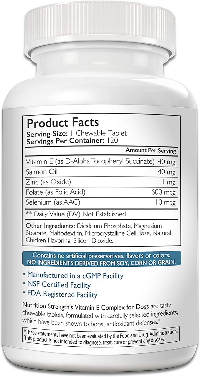 Vitamin E for Dogs, Promote Cardiovascular Health, Support Cell Membranes, Vitamin E Complex to Boost Dog Immune System Plus Zinc, Selenium, Folate, Salmon Oil, 120 Chewable Tablets-Mewly Pet