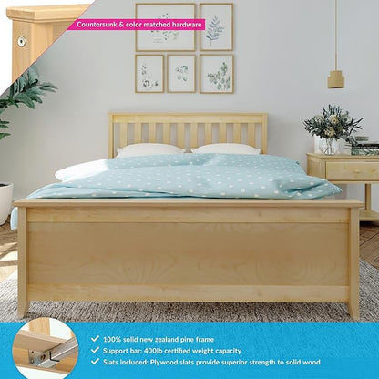 Max & Lily Full Size Bed Frame with Slatted Headboard, Solid Wood Platform Bed for Kids, No Box Spring Needed, Easy Assembly, Natural