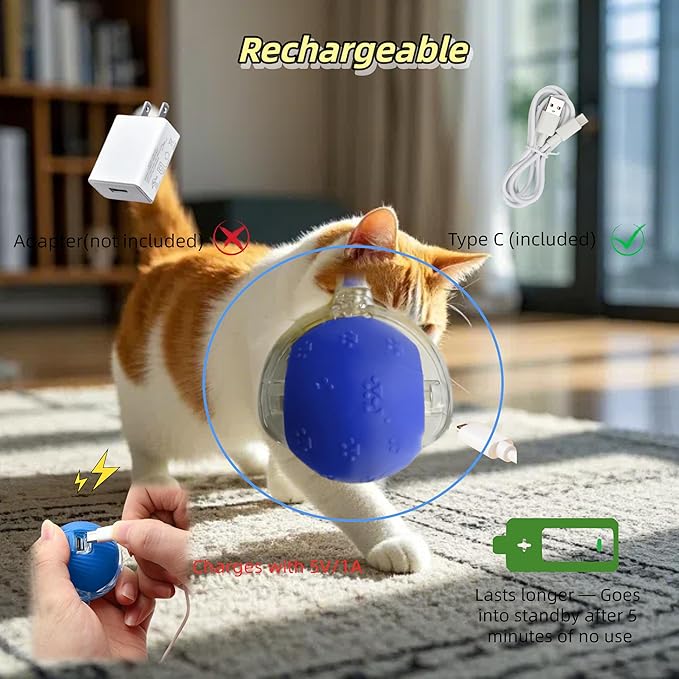 Interactive Cat Toy for Indoor Cats - 3rd Generation Agility Mobile Ball with Elastic Rope Tail, Motion Activated Automatic Toy for Bored Kittens and Adult Cats (Bule)-Mewly Pet